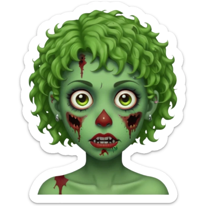 faça uma cabeça verde de zumbi femenina, com im cabelo curtinho cacheado, piercing no nariz, e brincos na orelha sticker