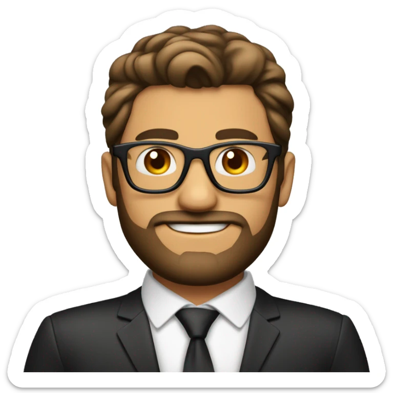 Hombre de 30 años con gafas y barba abierta con cabello negro y ojos color cafe con traje sticker