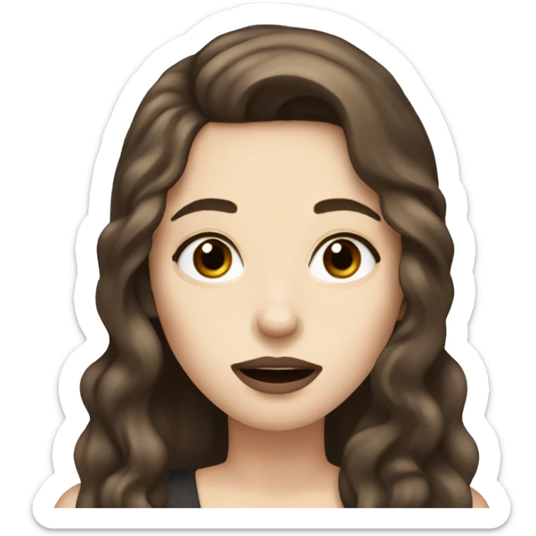 a girl with long brown hair, hazel eyes, pale skin, dark lips, singing into a microphone sticker