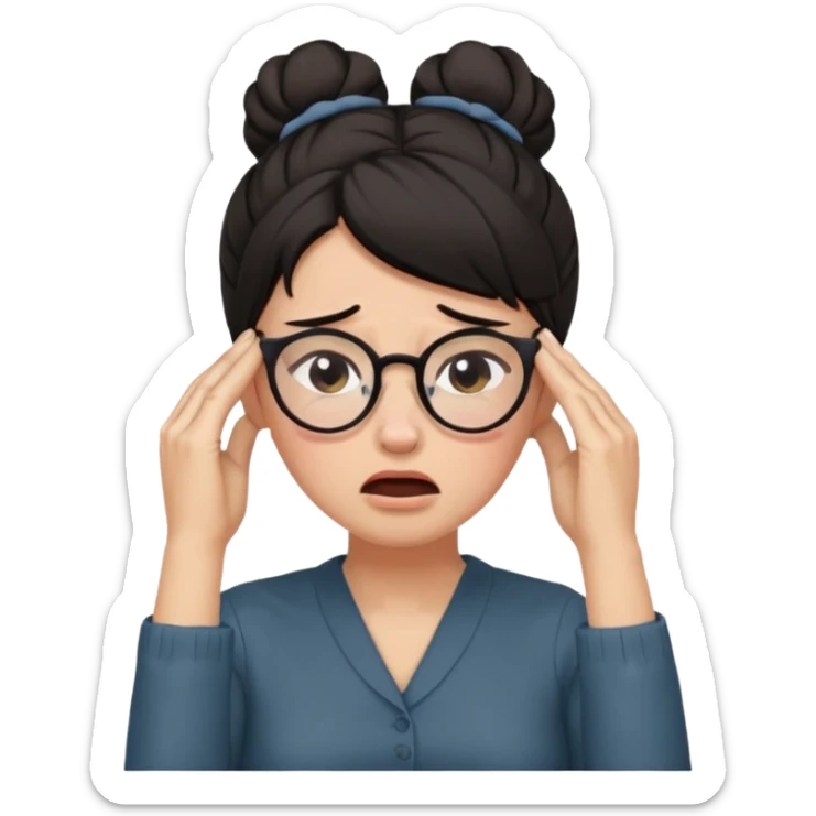 dark haired woma with hair a high bun, wearing glasses covering ears and crying sticker