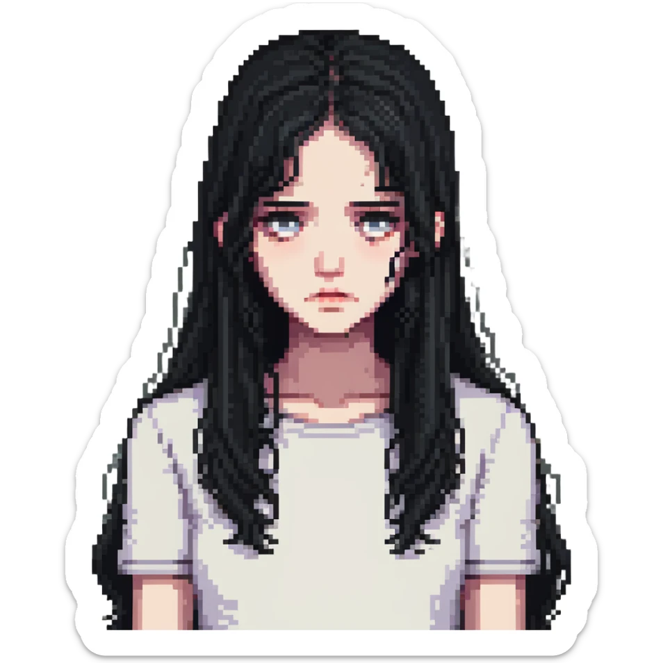 pale girl with long black hair, sad expression sticker