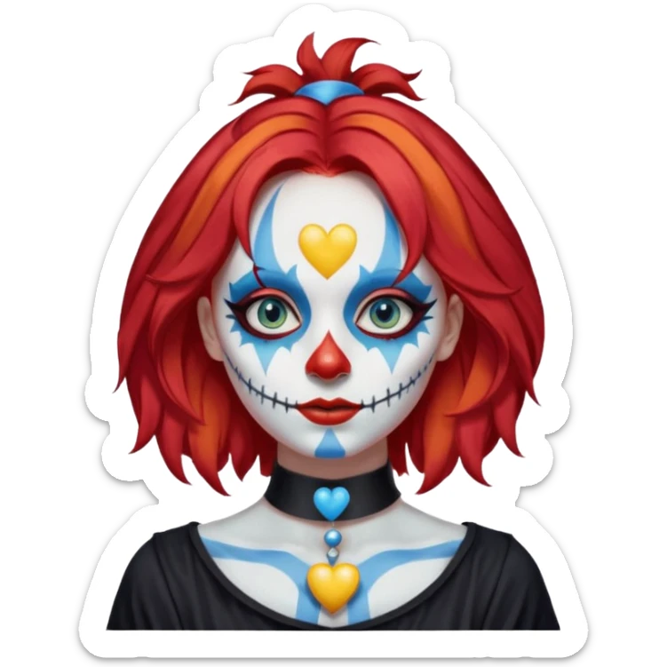 wendy thomas  the clown from gta rp nopixel she has a blue sun covering right eye with three yellow lines below her right eye and above her left eye this is her clown makeup . she has long bright red hair and light blue eyes with ablack heart choker and black bunny ears. with a skeleton shirt sticker