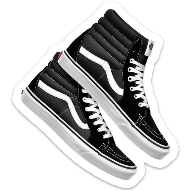 Black Vans Sk8-Hi high top shoes arranged as a pair with one slightly behind the other, classic black with white jazz stripe and white sole sticker