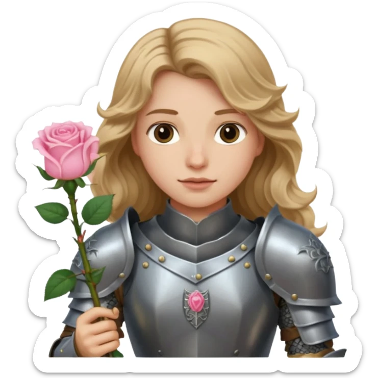 A knight in armor with long wavy dark blonde hair holding a light pink rose  sticker