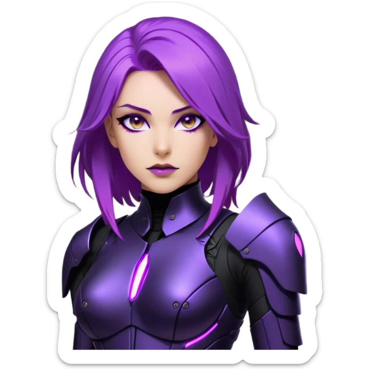 A sleek warrior woman with flowing purple hair, her sharp violet eyes glowing with quiet intensity. She wears a form-fitting black armored suit with smooth, seamless plating, a fusion of high-tech design and elegant minimalism. The matte black surface subtly reflects the dim ambient light, highlighting the streamlined contours of her suit. A slim, obsidian blade rests at her side, its edge barely visible in the soft glow of floating digital glyphs around her. Her expression is poised—calm, calculated, and unwavering, standing against a gradient-lit backdrop, where darkness meets the faintest hint of neon luminescence. sticker