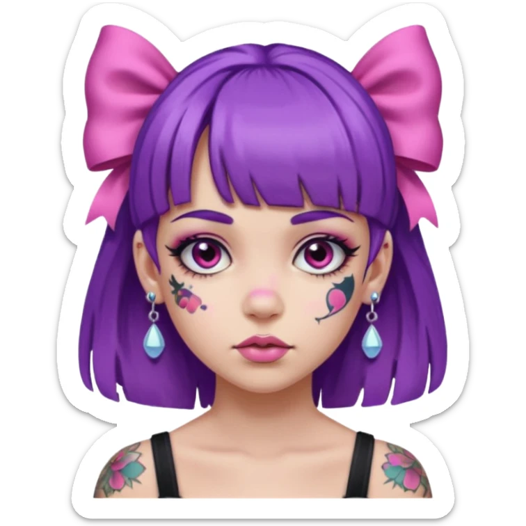 girl with bangs and purple hair and pink hairbow on the side of head and earrings and heavy face tattoos sticker