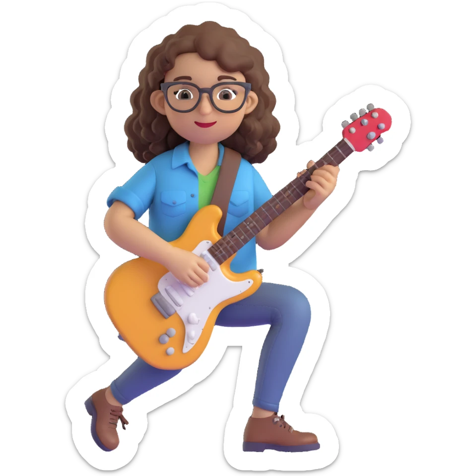 curly brown-haired girl with brown-framed glasses, wearing a shirt, playing guitar, emoji style, music therapy internship sticker