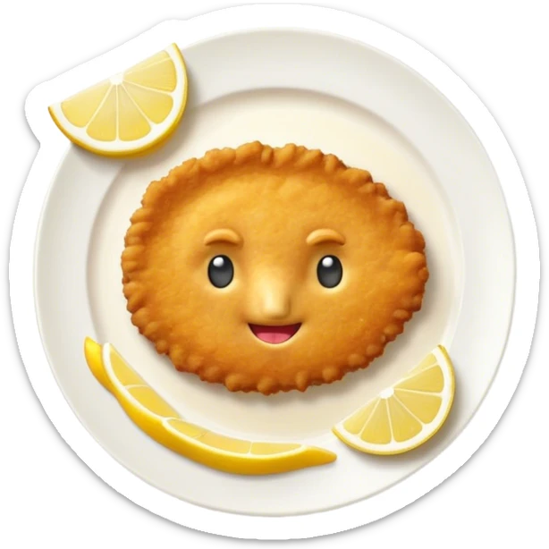 Cinematic Realistic Veal Schnitzel Dish Emoji, depicted as a golden, breaded veal cutlet served with lemon rendered with crisp textures and inviting, natural lighting. sticker