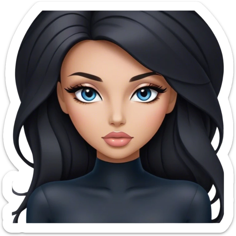 Glamours, tanned, very beautiful girl, with big pump peach-beige-rose lips, long long lashes, black straight smooth silky long hair, straight parting hair, blue-grey eyes in black long-sleeves bodysuit sticker