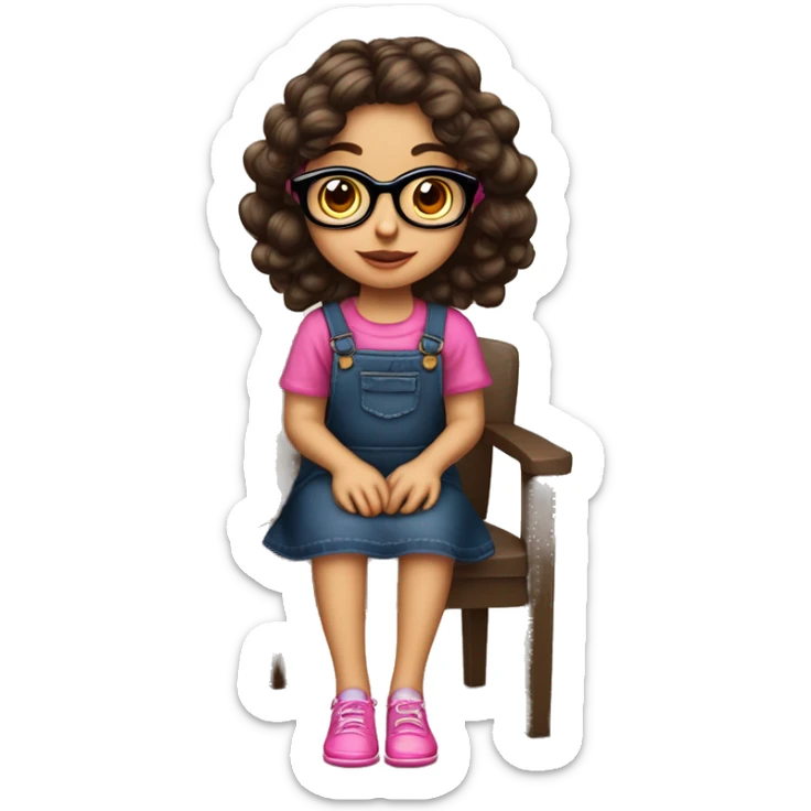 Niña alegre, de cabello castaño oscuro largo, lentes rosados, ojos cafés oscuros mandil de colores con moño rosado en silla de ruedas  sticker