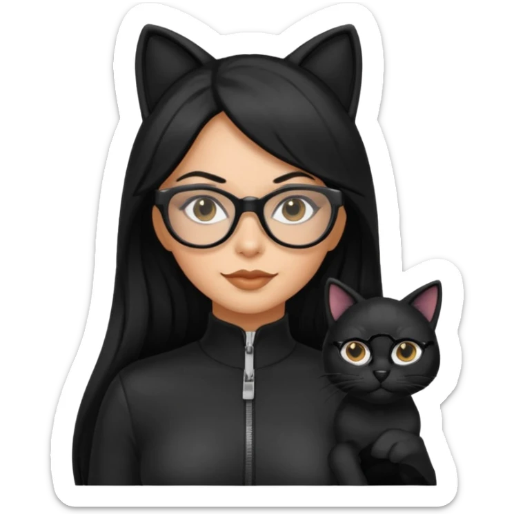 Hispanic woman with long silky hair and glasses in a cat suit sticker