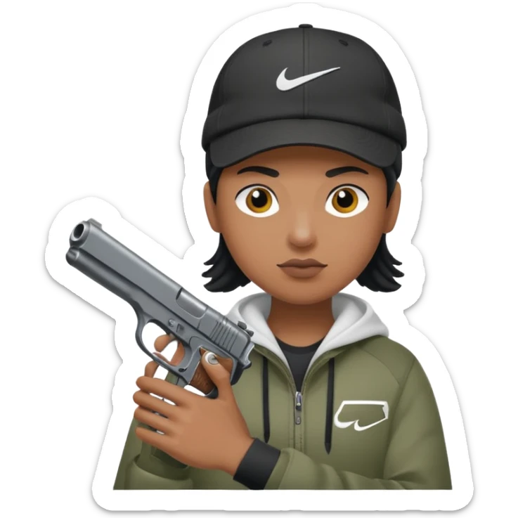Una persona con una pistola en la mano y con una gorra nike  sticker