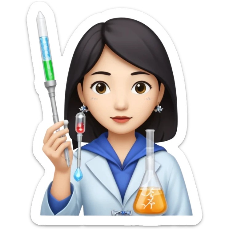emoji of an asian woman wizard who wields a micropipette as a wand and a DNA helix spell coming from the pipette wand sticker