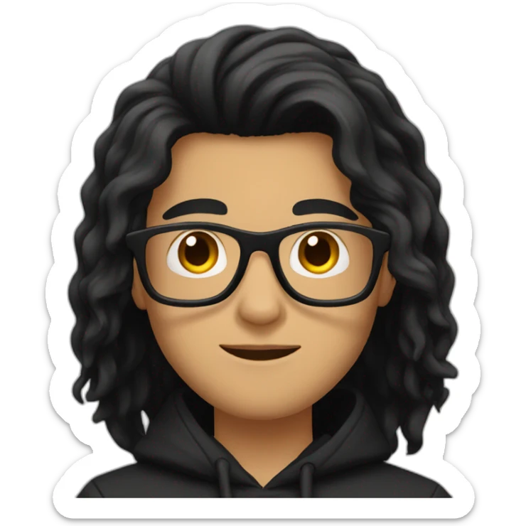 Guy with long black hair and square glasses and black hoodie sticker