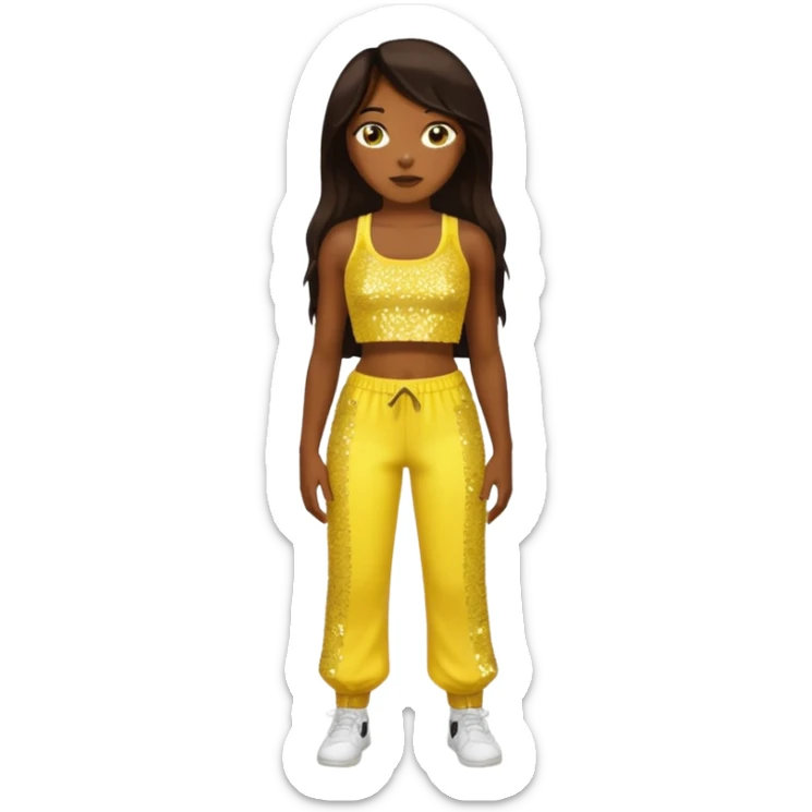 Chilli from TLC with long dark brown hair, yellow sequin crop top and pants, dark skin  sticker