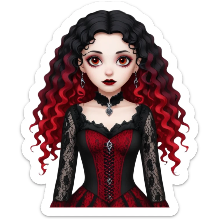 A girl with a red goth vampire look in a black and red goth lace dress with long sleeves and long black curly hair bold look on her face sticker
