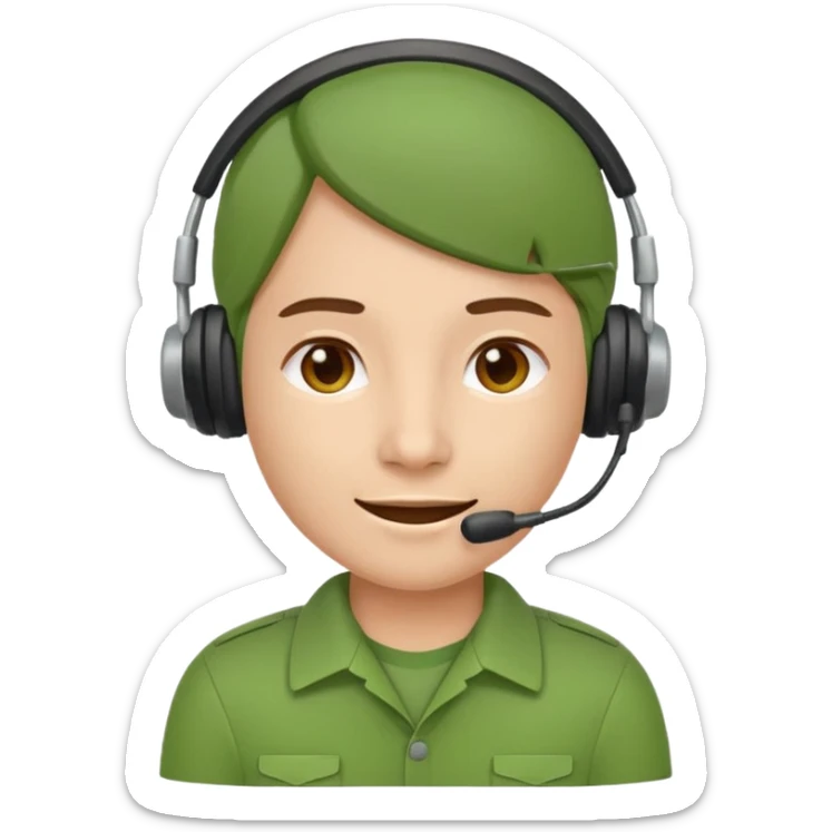 Modern flat emoji of a call center employee in a green uniform with a headset, friendly expression, minimalist design, bright colors, white or transparent background. sticker