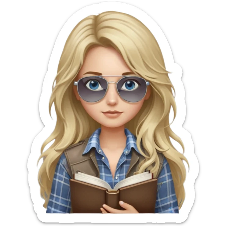 girl with long blond messy hair wearing grey plaid shirt with blue eyes and aviator sunglasses wearing a ring on her silver necklace, holding law books sticker