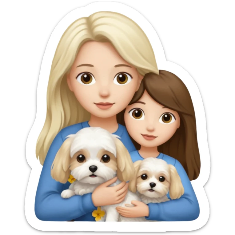 two women are holding only one Maltese dog. one woman is brunette the other woman is blonde long haired  sticker
