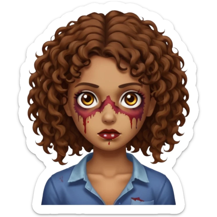 Faça uma garota zombie de cabelo cacheado castanho, olhos castanhos escuro e pele parda com o cabelo menos volumoso e no ombro sticker