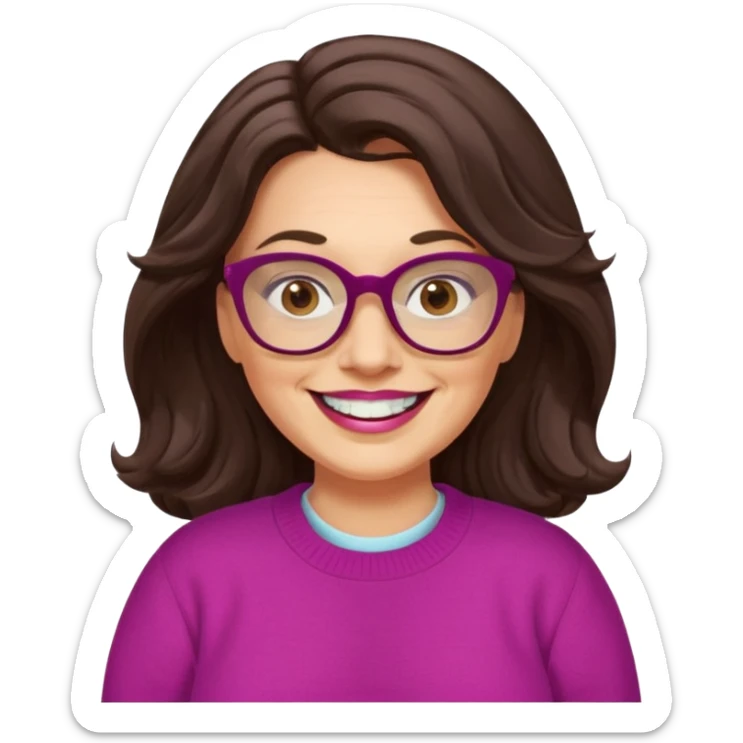 50 yr Caucasian woman, long dark brown hair parted on side, brown eyes, brown glasses, big smile, white teeth, fuscia sweater, chubby, wavy hair sticker
