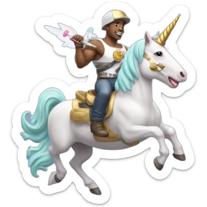 Strong man, machine gun, flying on a unicorn eating ice cream with a unicorn hat on sticker
