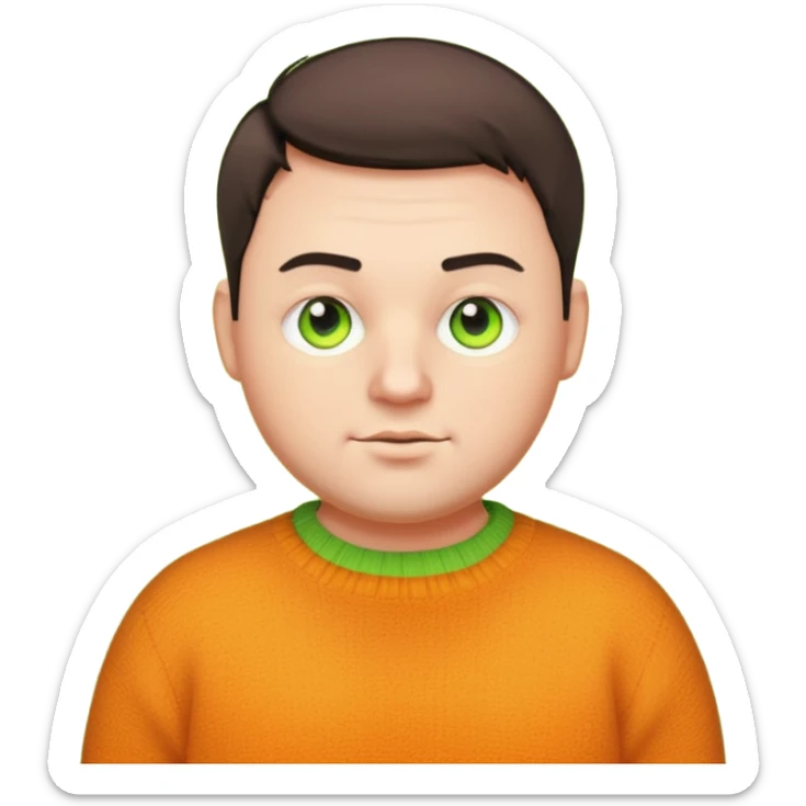 plump man in his 30s, short cropped hair, unique dark yellow-orange woolen jumper, glowing neon green eyes, cartoon emoji style sticker