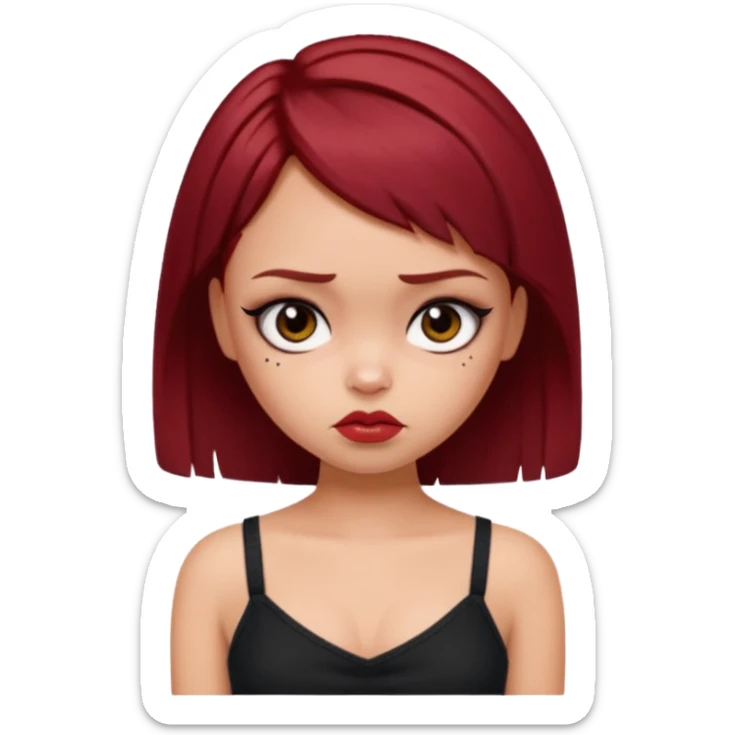 generate a pretty fair bratz girl with short dark red hair looking sad . Wearing a black cami sticker
