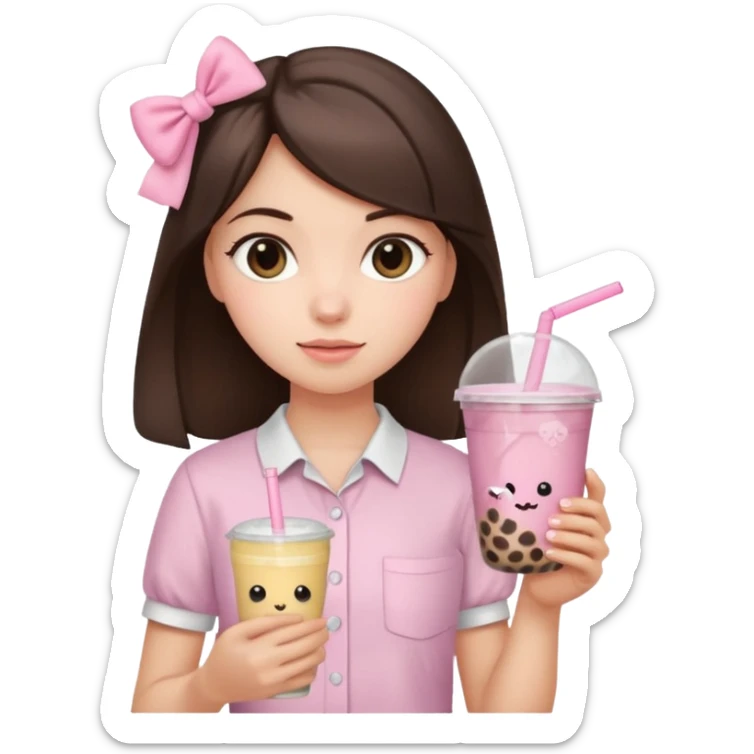 a brunette girl with a bow and light pink shirt and a bobba in her hand sticker
