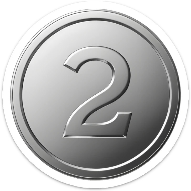 Emoji icon of a metal coin with engraved number 2, minimalist style, isolated, only metal color sticker