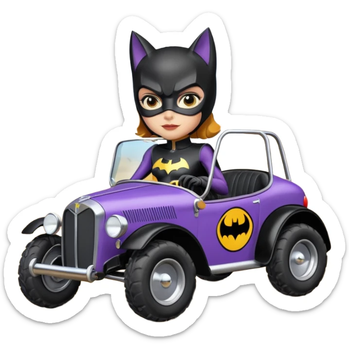 Hot racing cartoons BatGirl’s sixty’s tv show 1932 stealth retro cat burglar sporty petite off-road pursuit mobile cruiser car (reclined seating position) sticker