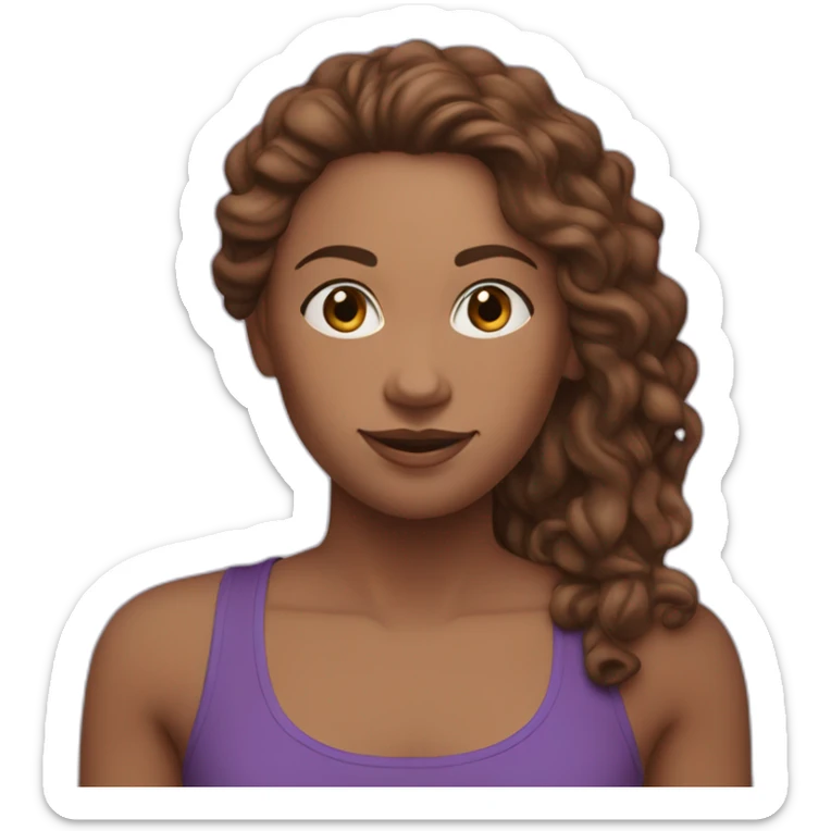 a yoga instructor with long, brown, curly hair. I'm in a yoga pose and wearing purple yoga pants and a purple tank top. sticker