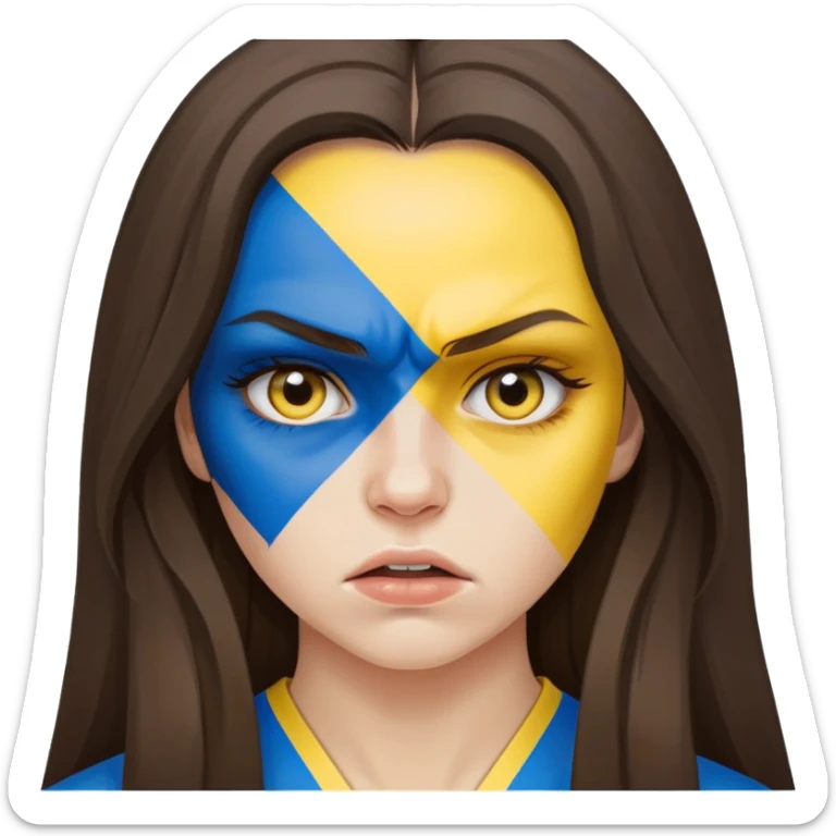 Brunette woman with long hair, Ukrainian flag (blue and yellow) painted on her cheek, angry expression sticker