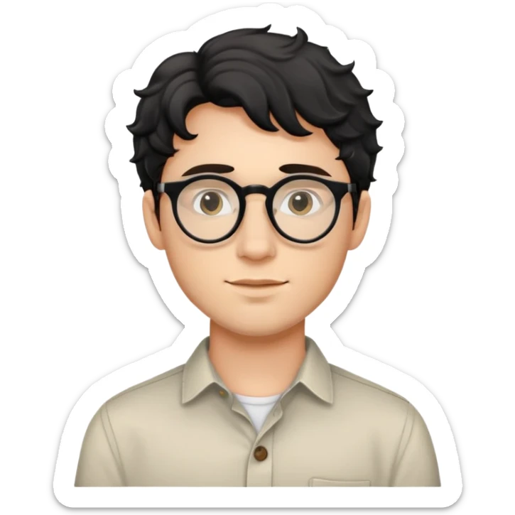 Upper body only of young caucasian man with black wavy hair, round glasses, wearing comfortable buttoned shirt sticker
