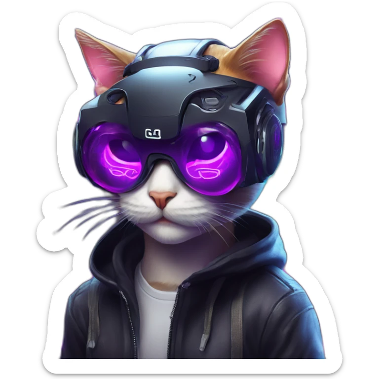 funny cat wearing a black hoodie with "OMG" letters on it and VR headset in a cyberpunk VR environment with violet neon lighting. sticker