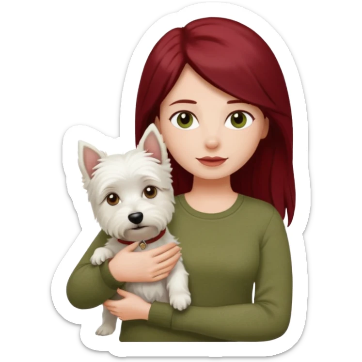Westie white terrier dog being held by woman with dark red long hair and hazel eye wearing olive green top sticker