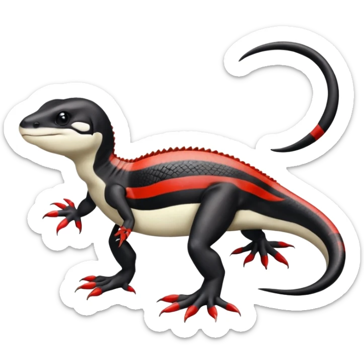 Black and white Orca-reptile-reptilian-lizard-skink-gecko-Digimon-Fakémon-hybrid full body, two legs, two arms, claws, tail, with red stripe sticker
