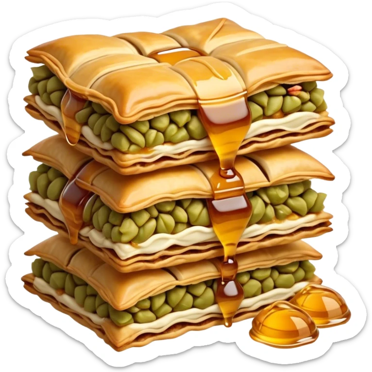 Cinematic Realistic Baklava Dessert Emoji, depicted as layers of flaky pastry with honey and nuts rendered with rich textures and warm, inviting lighting. sticker
