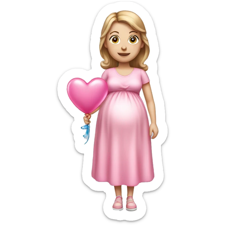 White pregnant lady, with Light Brown hair and blue eyes. She is wearing a pink dress and a bow,  standing and holding two pink heart balloons. sticker