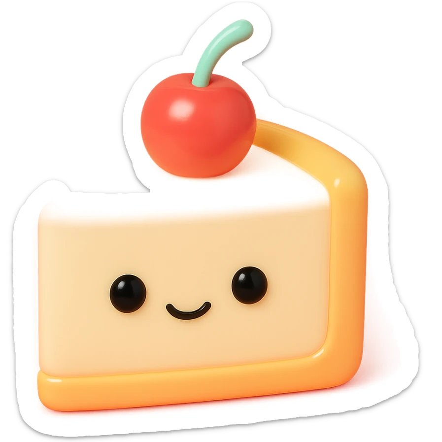 3D vinyl figure cheesecake slice, classic New York style, smooth vanilla filling, topped with a cherry, smooth vinyl look sticker