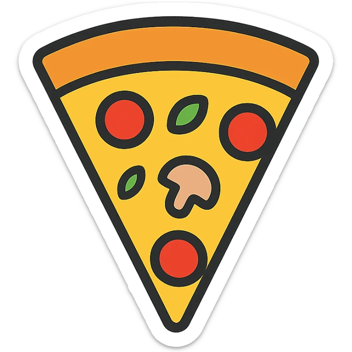 slice of pizza, color outlined icon style, black outline with color fill, modern icon sticker