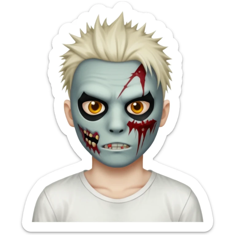 zombie boy with spiky emo hair and white shirt emoji and 

He wears an anonymous mask on half his face and has wounds on the other half. sticker