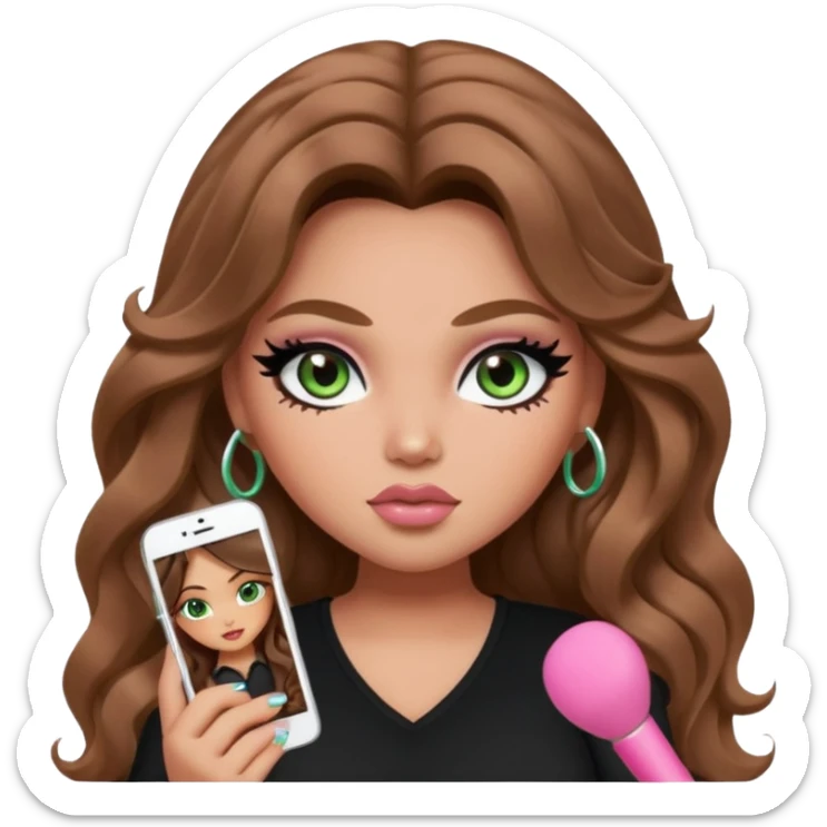  long wavy brown hair, light skin, light green eyes, pretty bratz baddie, black eyeliner, blush, plus size sticker