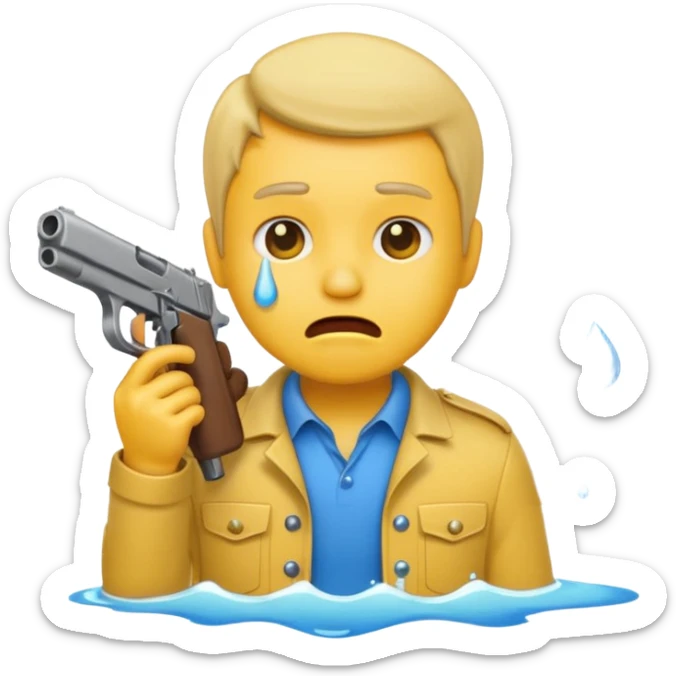 Make a yellow emoji of a guy holding a gun and the guns barrel is in his mouth while crying blue water sticker