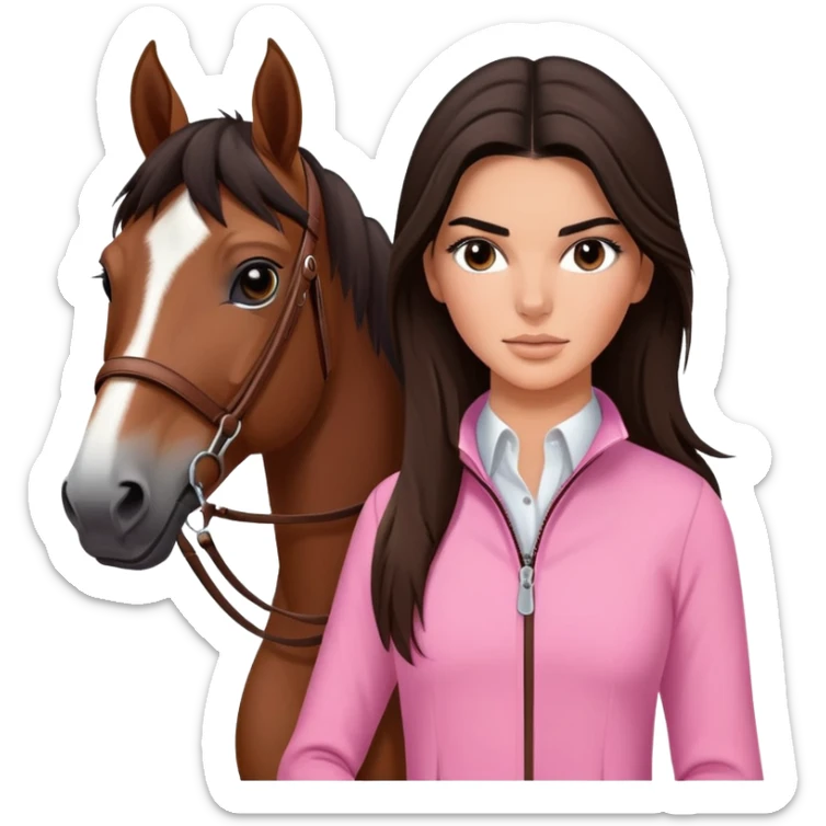 brunette Kendall Jenner with long hair holding and bay horse with a short black mane, a thin white stripe on the muzzle, brown eyes wear on pink riding clothes sticker
