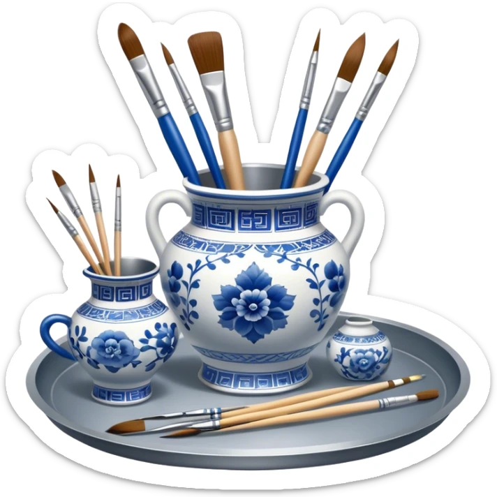 Metal painting icon, a metal vase with intricate designs in Gzhel and Chinese embroidery styles, placed on a metal tray, with three paintbrushes beside it, minimalistic style, clean lines, transparent background. sticker