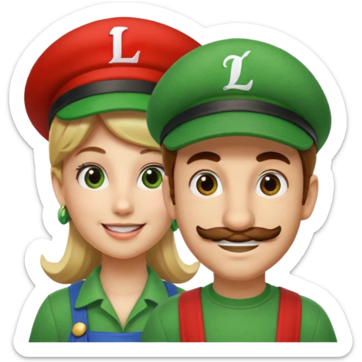 blonde female Luigi (with the Luigi green hat with an L on it) and a normal brown hair male Mario with the red hat with a M on it. They are friends just smiling. This video game sticker