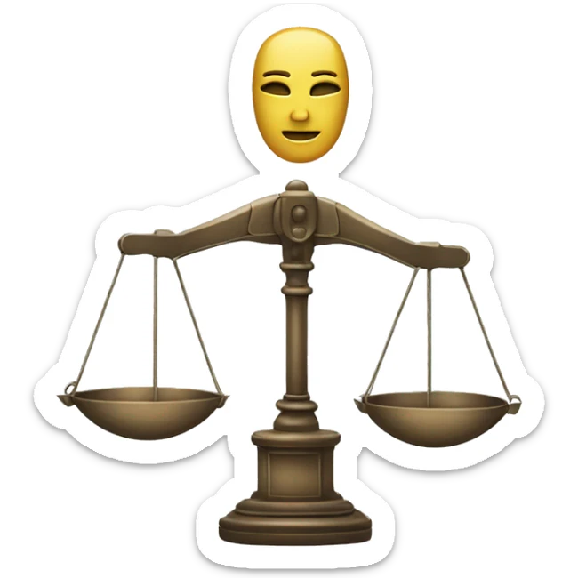 a balance of justice with a robot head on one side and a book on the other side sticker