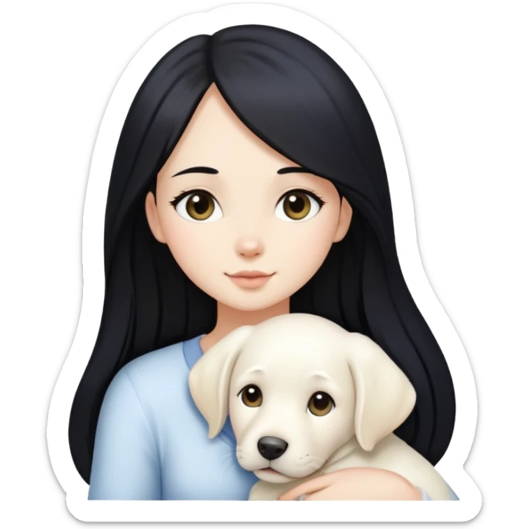 A beautiful girl with long black hair and fair skin is holding a white Labrador sticker