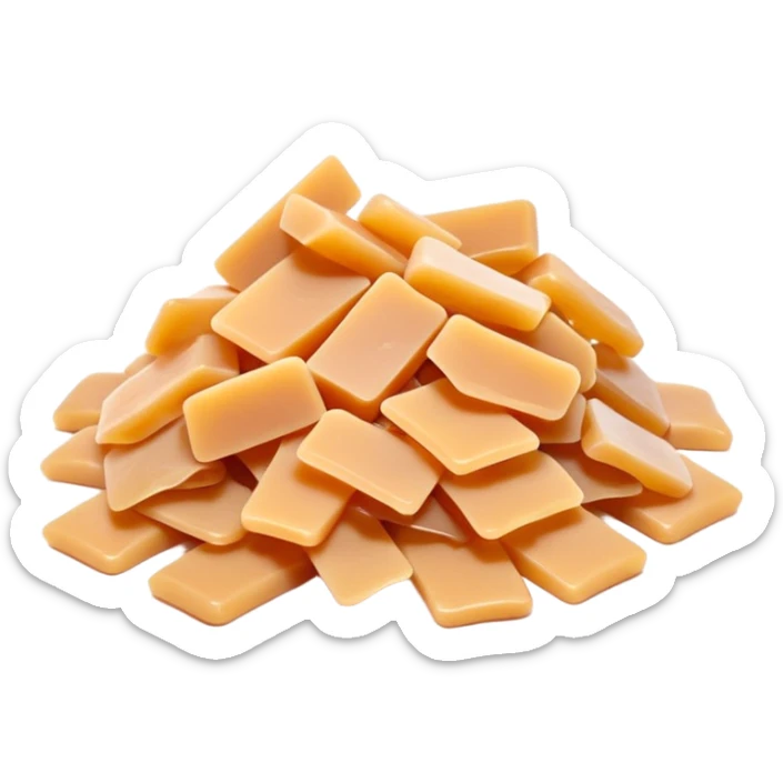pile of thin, gently curled soap flakes in pale beige or amber, waxy matte surface, irregular hand-shaved look, lightweight twisted slivers, traditional soap, soft lighting, subtle shadows, emoji scale sticker